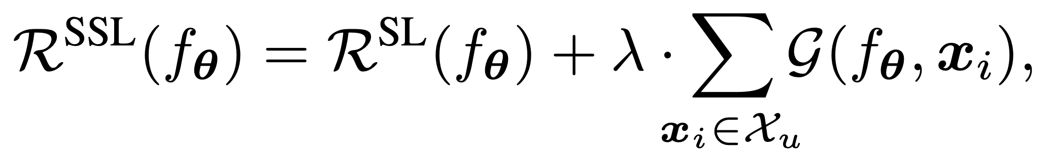 $$\mathcal{R}^{\text{SSL}}(f_{\boldsymbol{\theta}}) = \mathcal{R}^{\text{SL}}(f_{\boldsymbol{\theta}}) + \sum_{\smash{ (\boldsymbol{x}_i,\boldsymbol{y}_i) \in \mathcal{A} \subseteq (\mathcal{X}_u, \widehat{\mathcal{Y}}*u) }} \mathcal{L} (f*{\boldsymbol{\theta}}(\boldsymbol{x}_i), {\boldsymbol{y}_i})$$