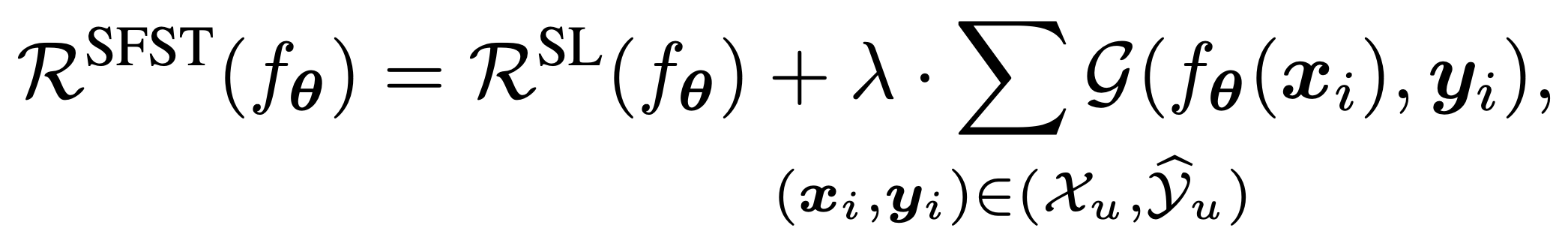 $$\boldsymbol{\theta}*{\text{STLD}} = \arg \min*{\boldsymbol{\theta}} \sum_{\smash{ (\boldsymbol{x}_i,\boldsymbol{y}_i) \in (\mathcal{X}_l, \mathcal{Y}_l) }} \mathcal{L} (f*{\boldsymbol{\theta}}(\boldsymbol{x}_i), {\boldsymbol{y}_i}) + \sum_{\smash{ (\boldsymbol{x}_i,\boldsymbol{y}_i) \in (\mathcal{X}_u, \widehat{\mathcal{Y}}*u) }} \mathcal{L} (f*{\boldsymbol{\theta}}(\boldsymbol{x}_i), {\boldsymbol{y}_i})$$