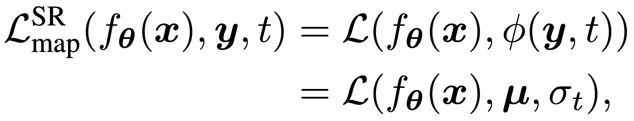 $$\mathcal{L}^{\text{SR}}*{\text{heat}}(f*{\boldsymbol{\theta}}(\boldsymbol{x}), \boldsymbol{y}, t) = \mathcal{L}*{\text{heat}} (f*{\boldsymbol{\theta}}(\boldsymbol{x}), \boldsymbol{y})$$