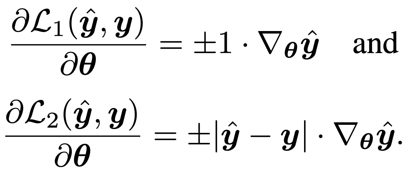 $$\frac{\partial \mathcal{L}*1(\hat{\boldsymbol{y}}, \boldsymbol{y})}{\partial \boldsymbol{\theta}} = \pm \nabla*{\boldsymbol{\theta}} \hat{\boldsymbol{y}}$$