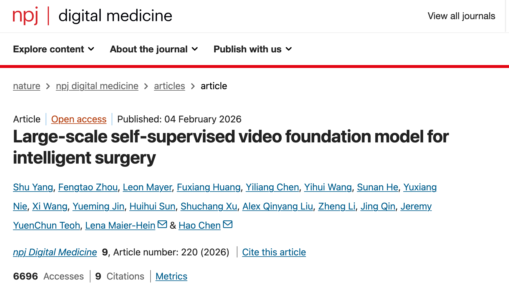 [npj Digital Medicine] Large-scale Self-supervised Video Foundation Model for Intelligent Surgery
